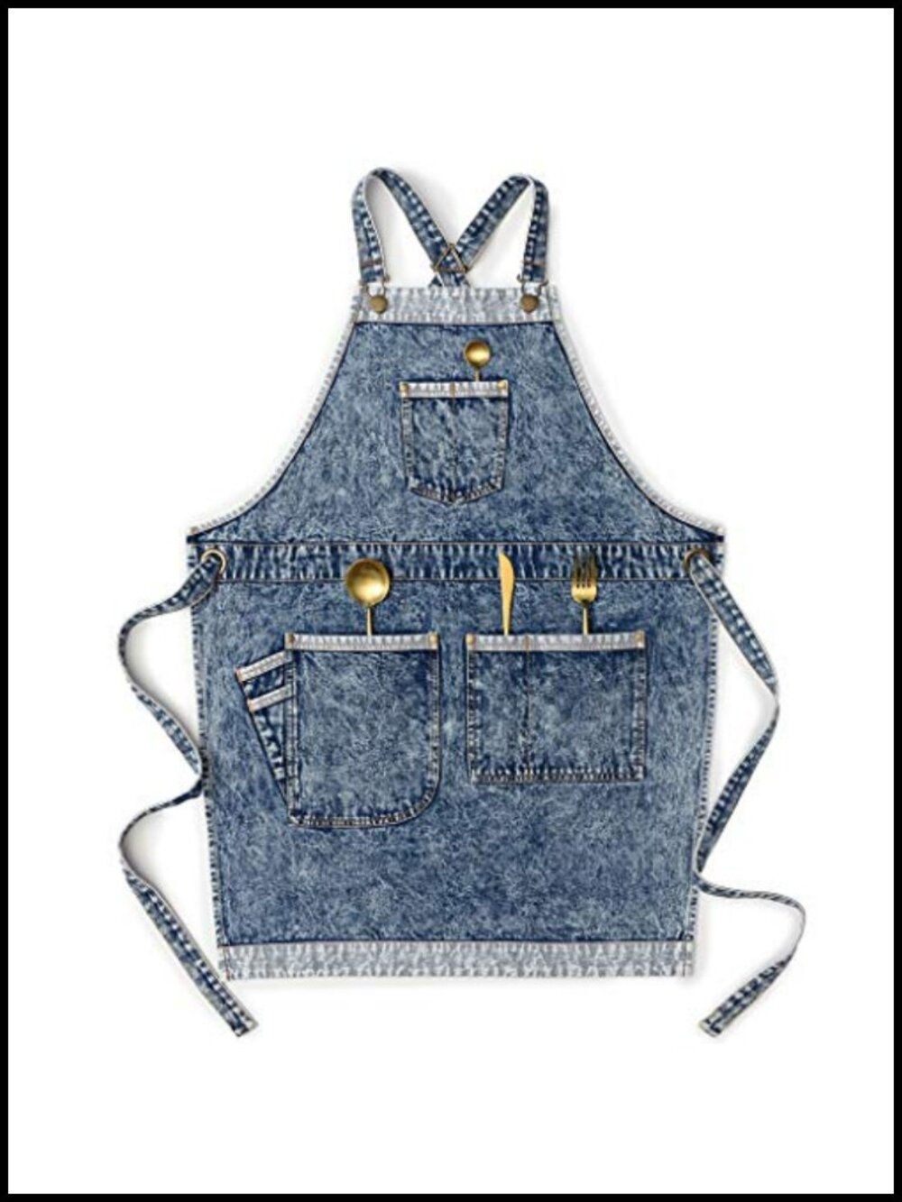 Denim Work Apron 100% Cotton Cross Straps 7 Pockets Adjustable S to M